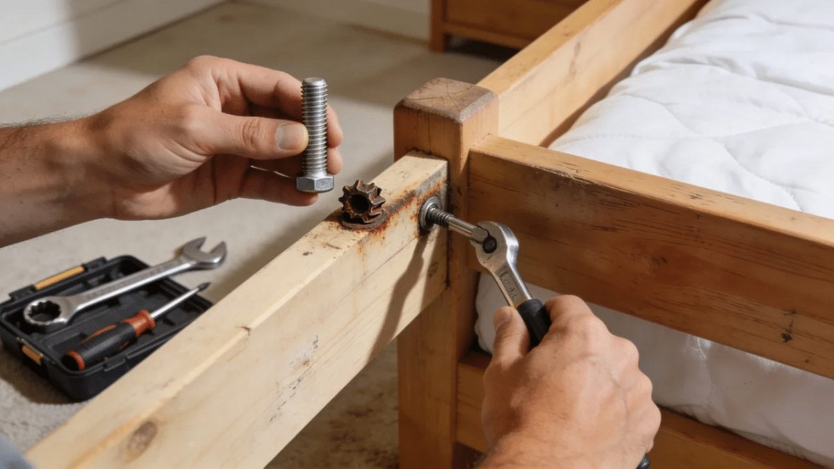 a person replacing a worn bed frame bolt with a matching fastener to restore a secure quiet joint