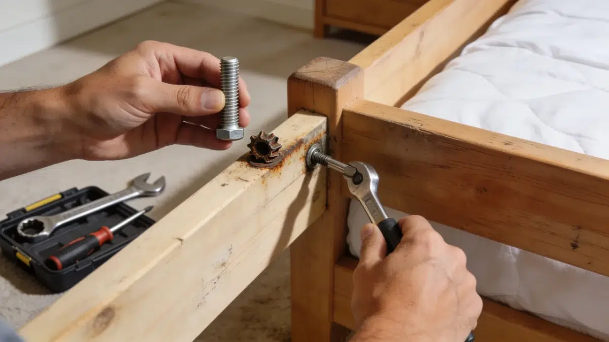 a person replacing a worn bed frame bolt with a matching fastener to restore a secure quiet joint