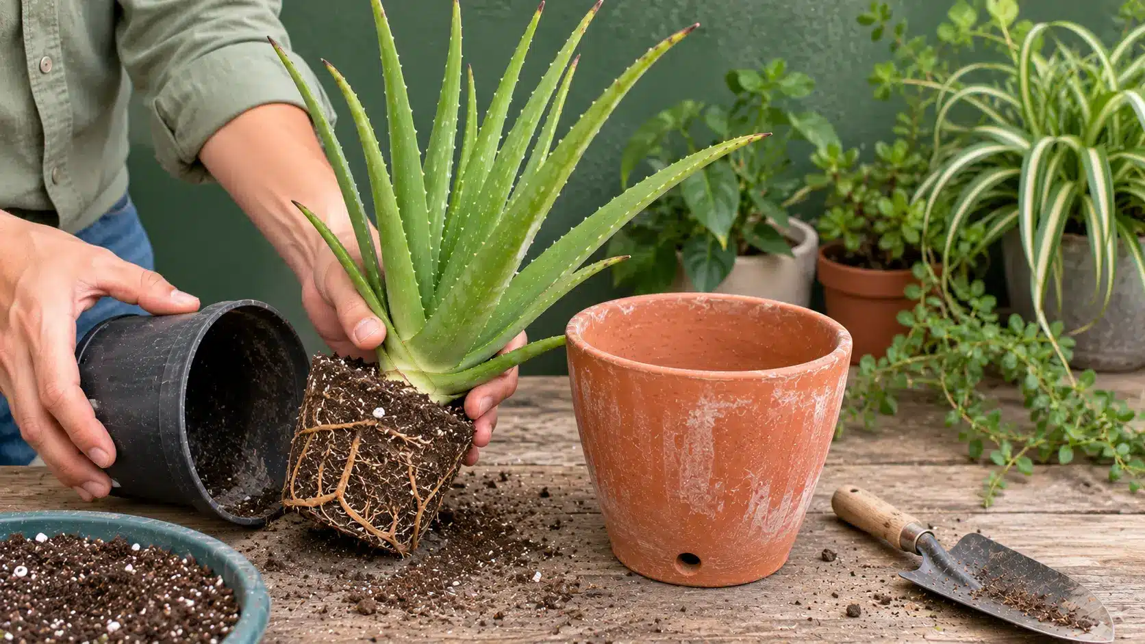 hands removing a root bound aloe vera from a black nursery pot beside a larger terracotta pot