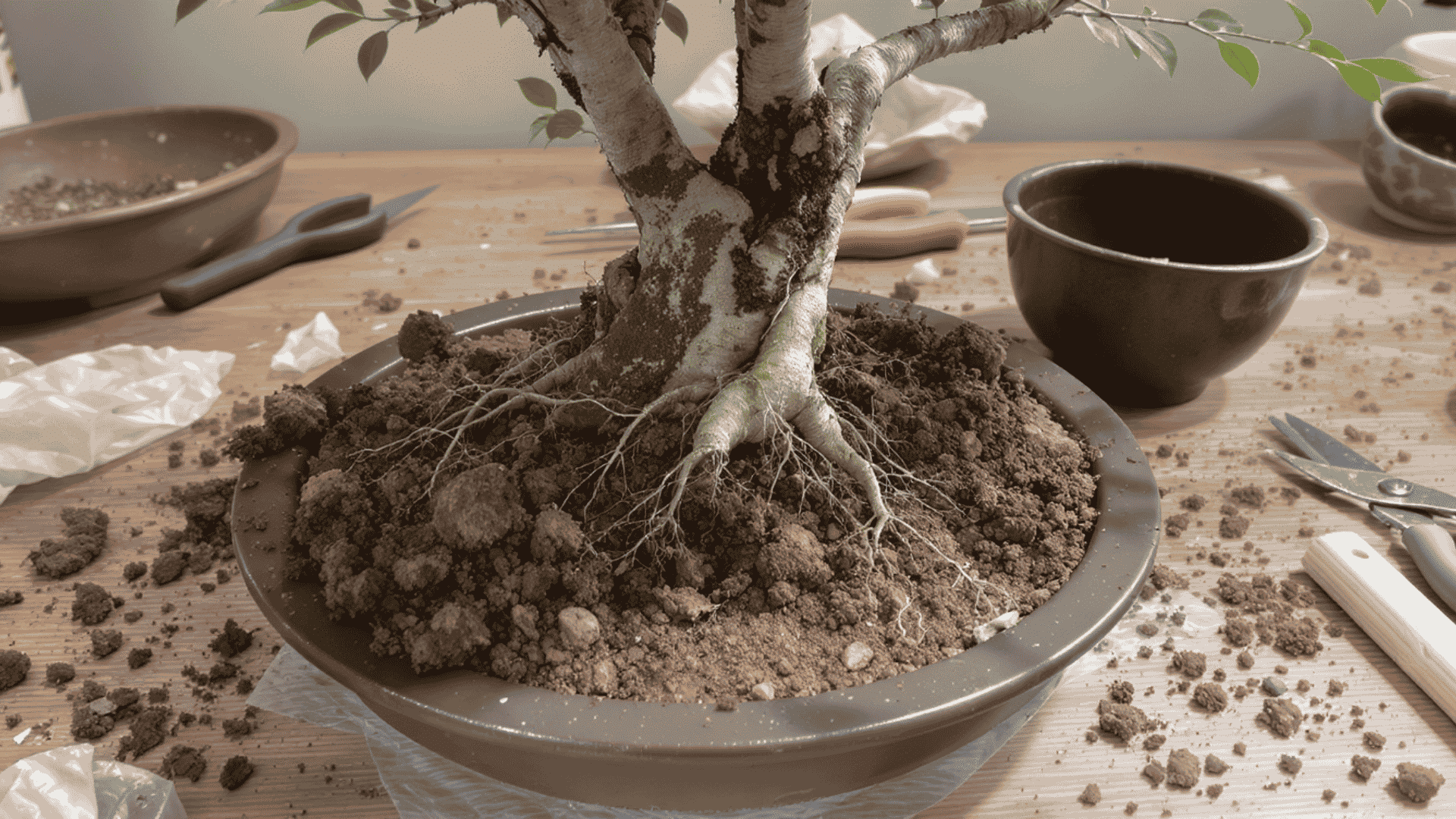 bonsai tree removed from a shallow pot with visible roots fresh soil and tools nearby