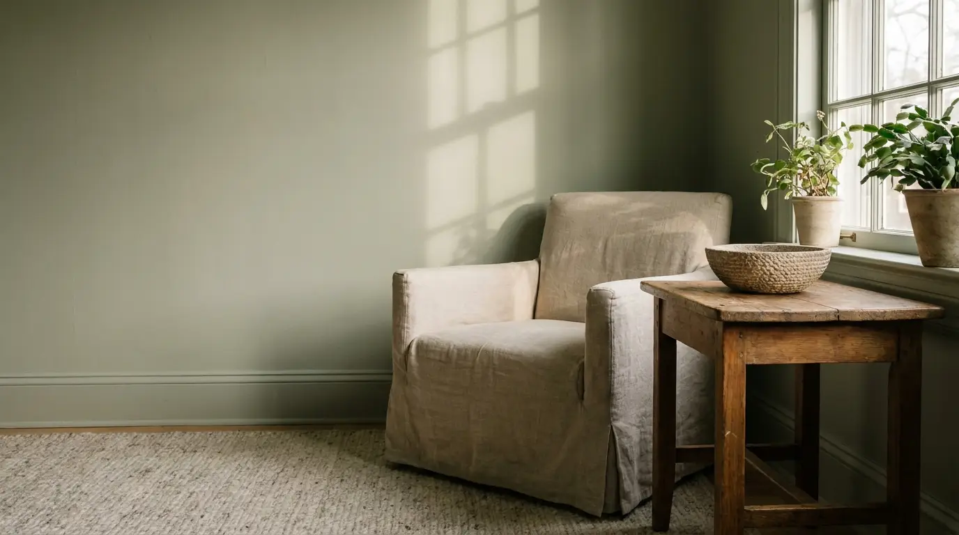 Beige armchair and wooden table with plants by a window in softly lit room