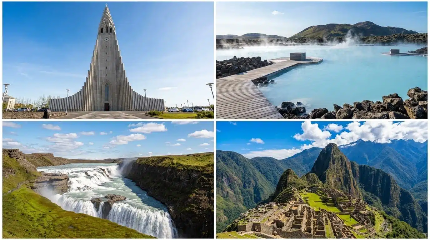 collage featuring the hallgrímskirkja church, the blue lagoon, gullfoss waterfall, and machu picchu.