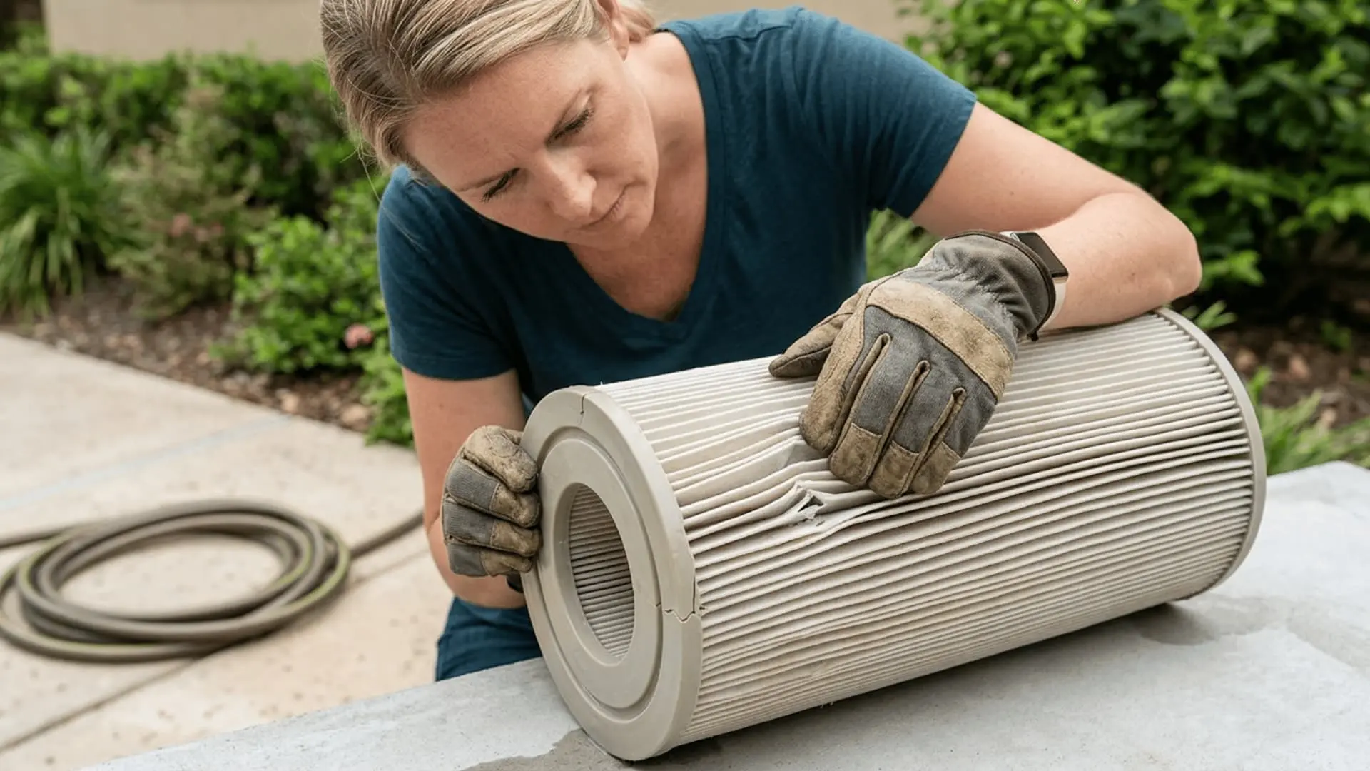 a woman wearing gloves inspects damaged pleats on a cylindrical pool filter cartridge resting on a table