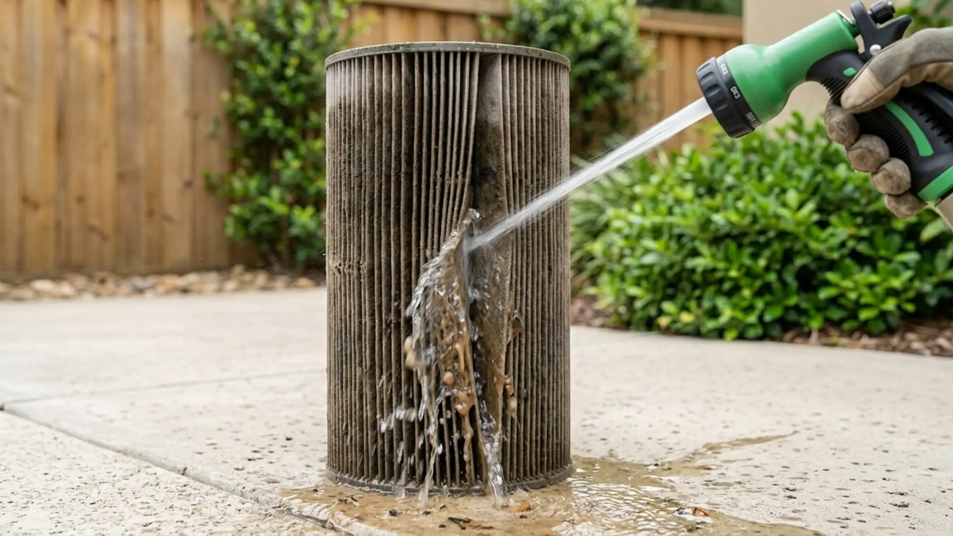 a gloved hand sprays water from a garden hose onto a dirty cylindrical pool filter cartridge outdoors