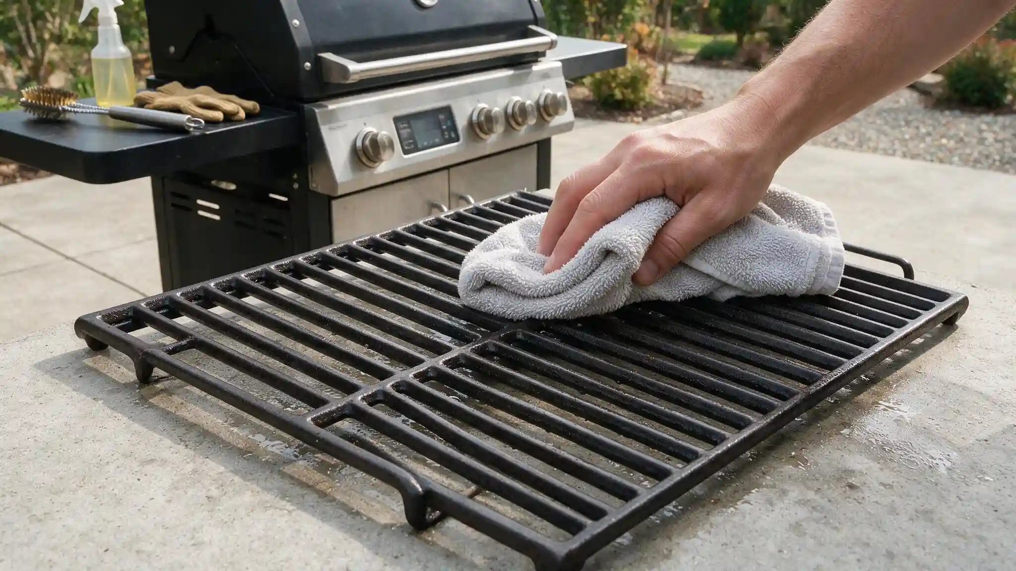clean grill grates being dried with a cloth before they are inspected and reinstalled in the grill