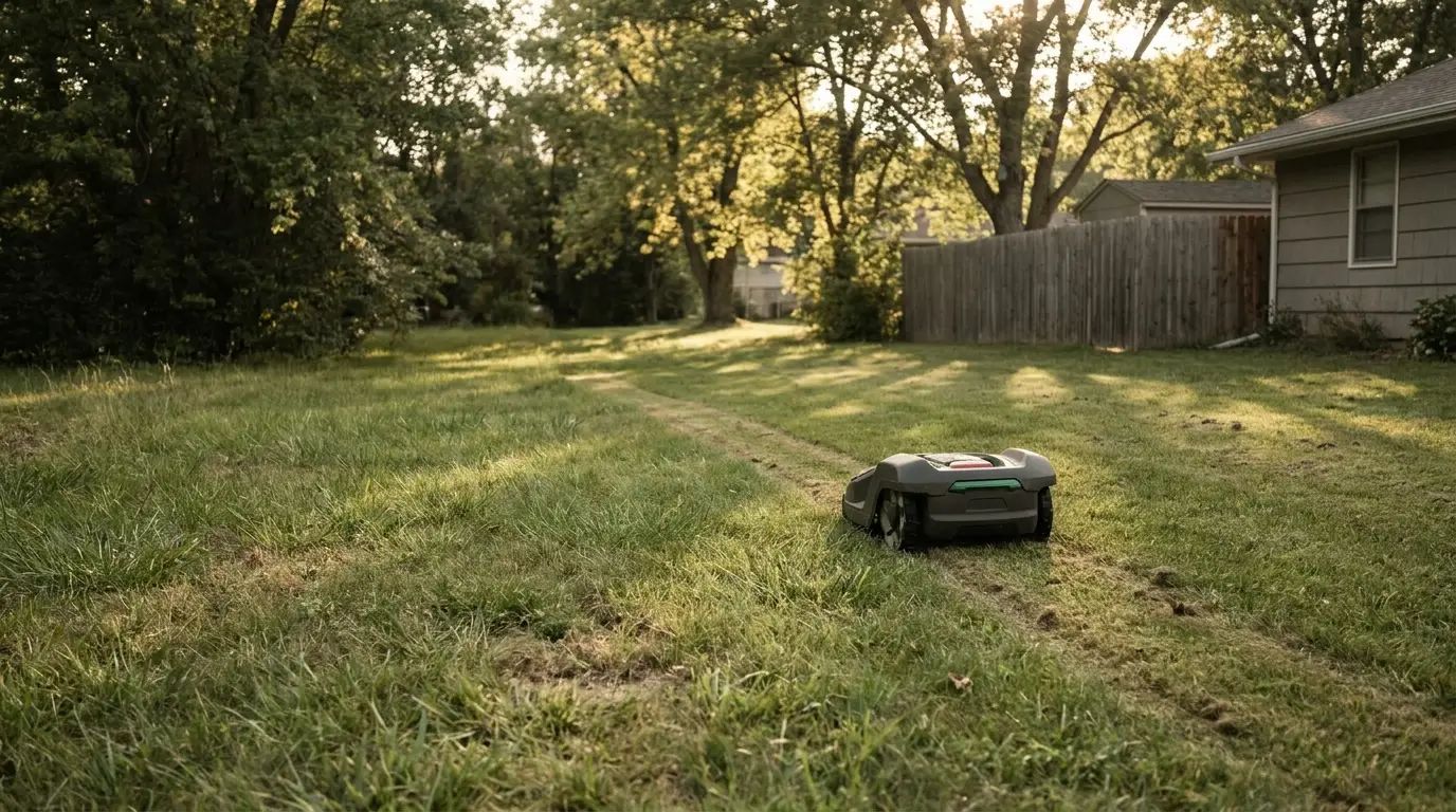 Robotic lawn mower trimming grass in a sunny backyard near wooden fence