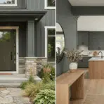 dark green gray living room with warm wood furniture and soft natural daylight indoors now