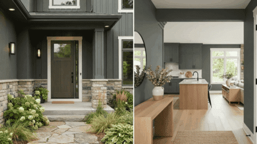 dark green gray living room with warm wood furniture and soft natural daylight indoors now
