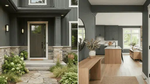 dark green gray living room with warm wood furniture and soft natural daylight indoors now