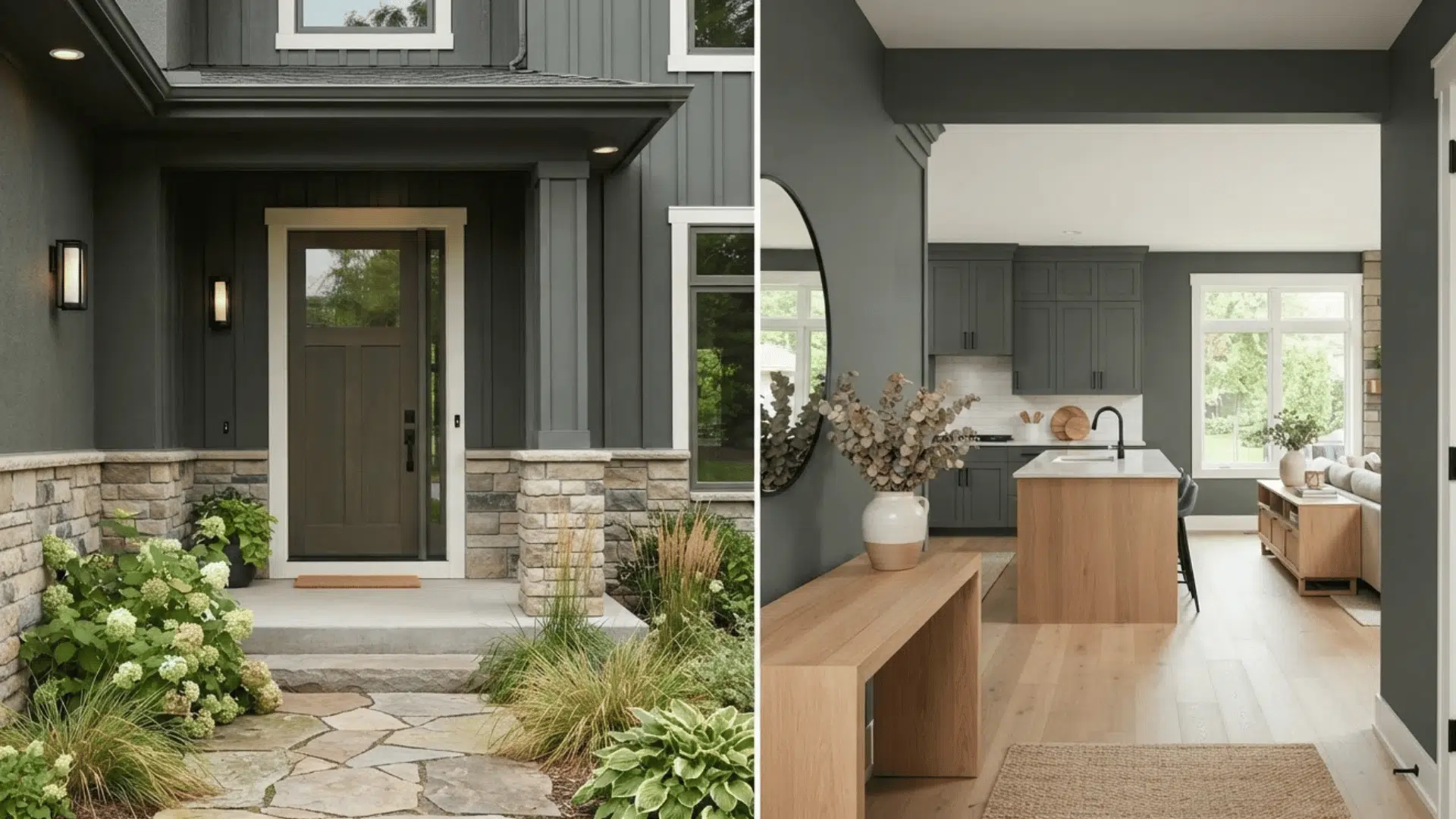 dark green gray living room with warm wood furniture and soft natural daylight indoors now