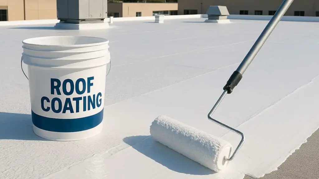white roof coating application with paint roller and bucket on a flat roof surface