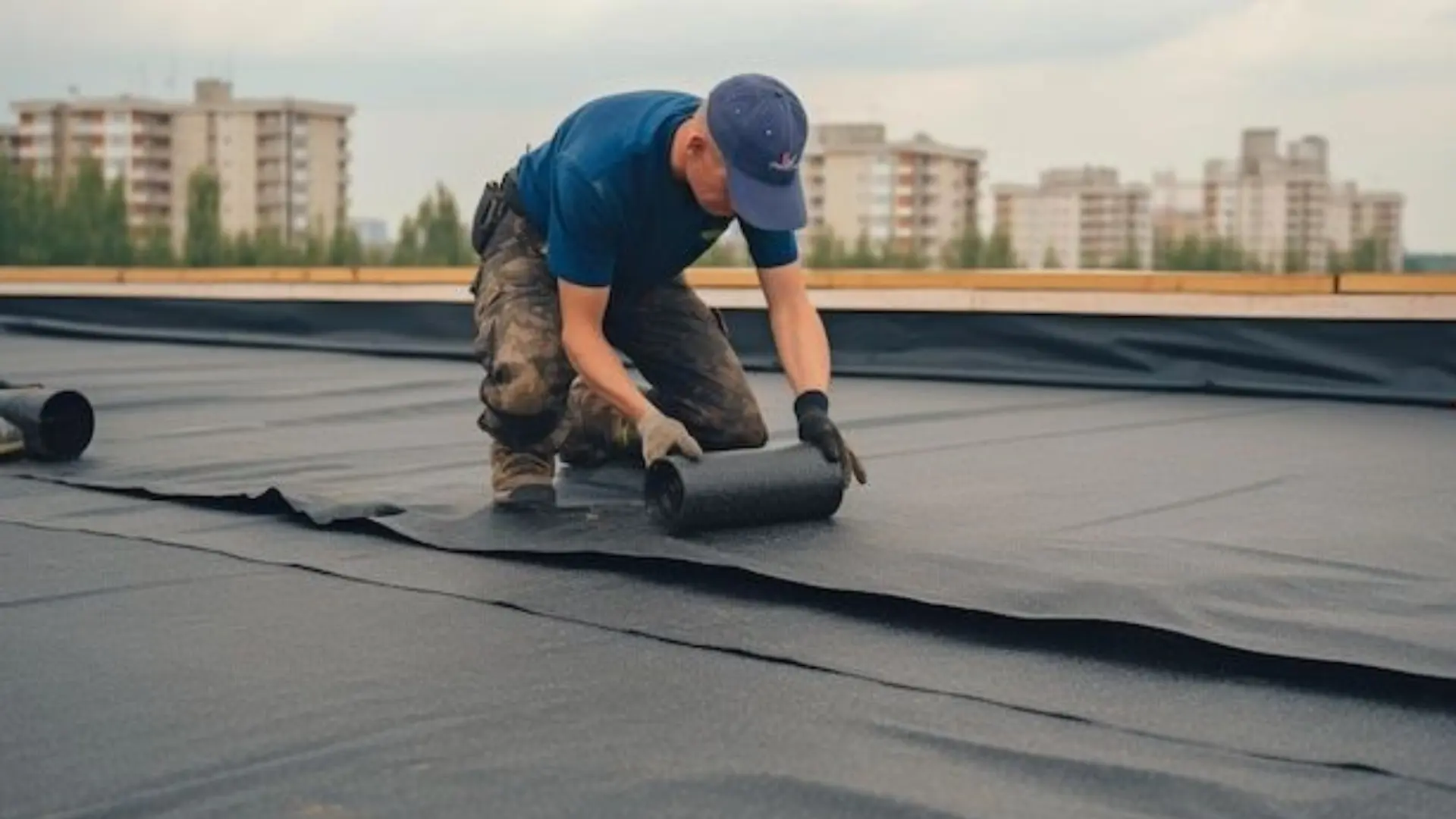 worker installing flat roof membrane material during rooftop waterproofing process