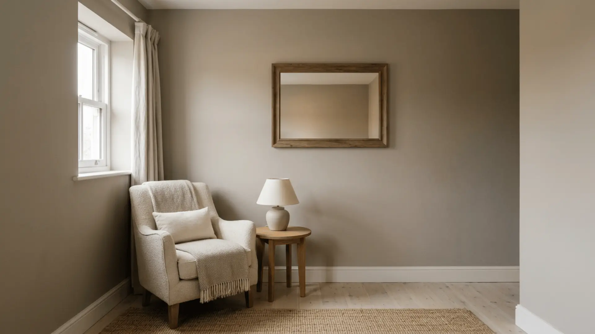 quiet gray room with cream armchair wooden side table white lamp framed mirror window curtains and woven rug