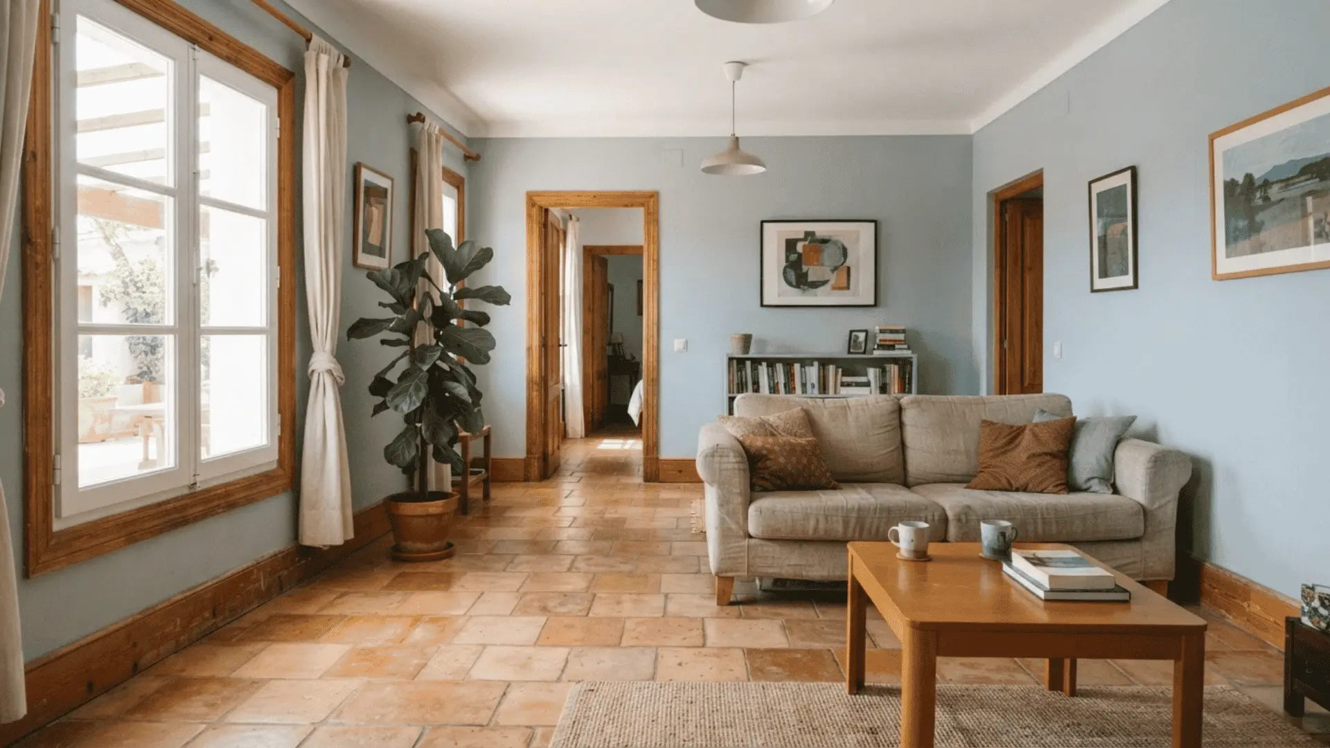 cool gray wall paint clashing with warm terracotta tile and wood trim