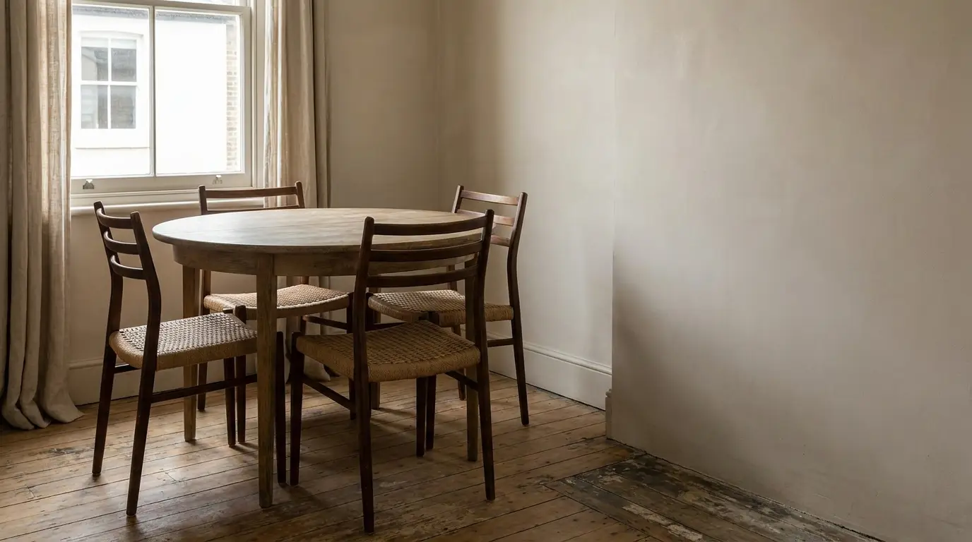 Round wooden dining table with four chairs in a bright room with hardwood floor