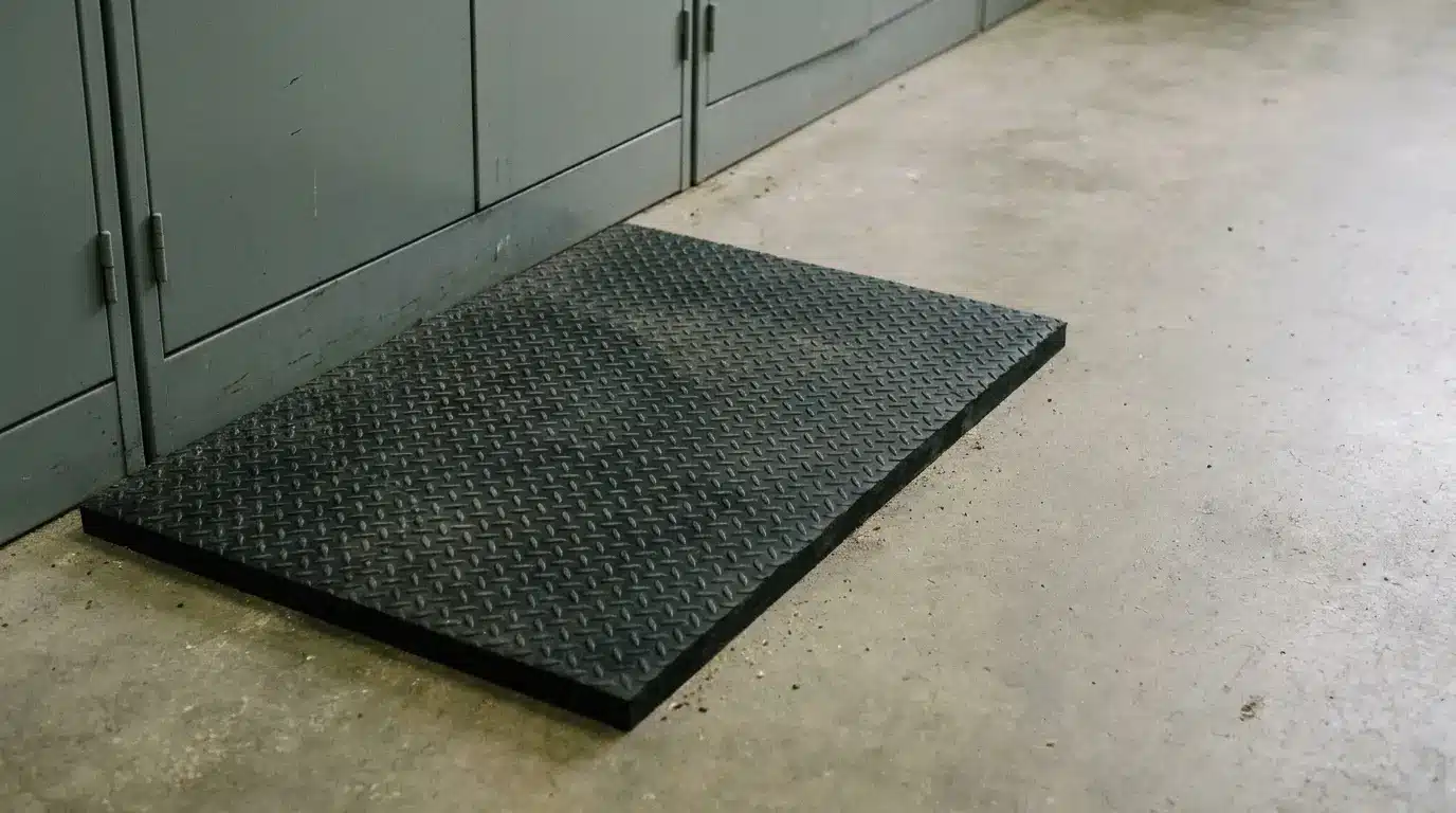 Diamond plate mat on concrete workshop floor beside gray cabinets
