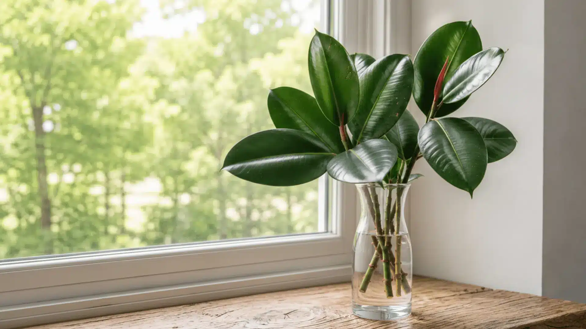 Rubber plant cuttings growing in a clear water vase beside a bright indoor window.