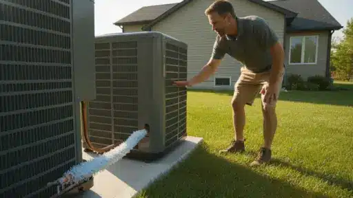 Man inspecting outdoor air conditioning unit on grassy lawn in front of suburban house