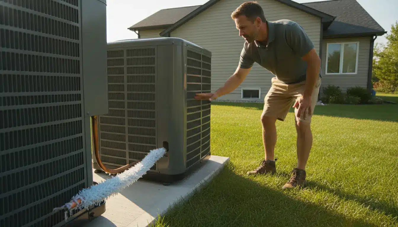 Man inspecting outdoor air conditioning unit on grassy lawn in front of suburban house