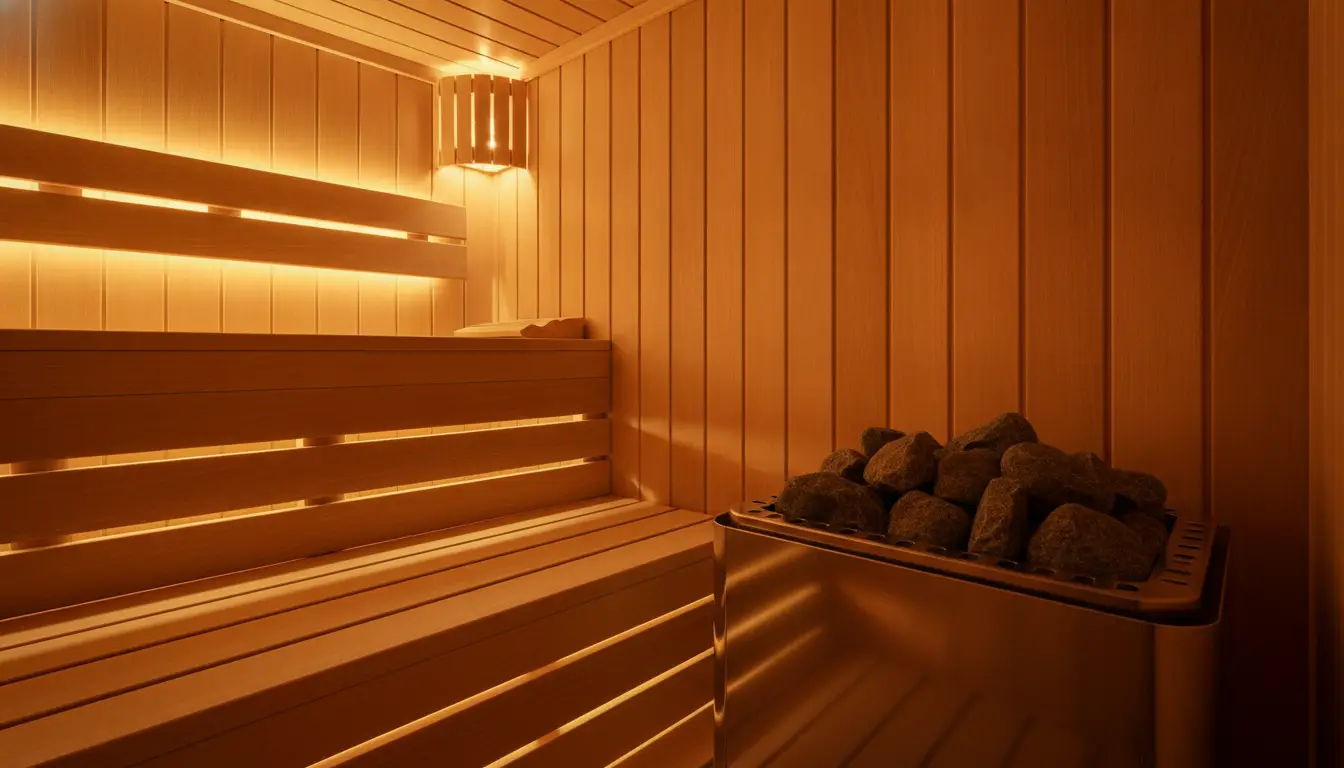 Warmly lit wooden sauna interior with bench and hot stones on heater