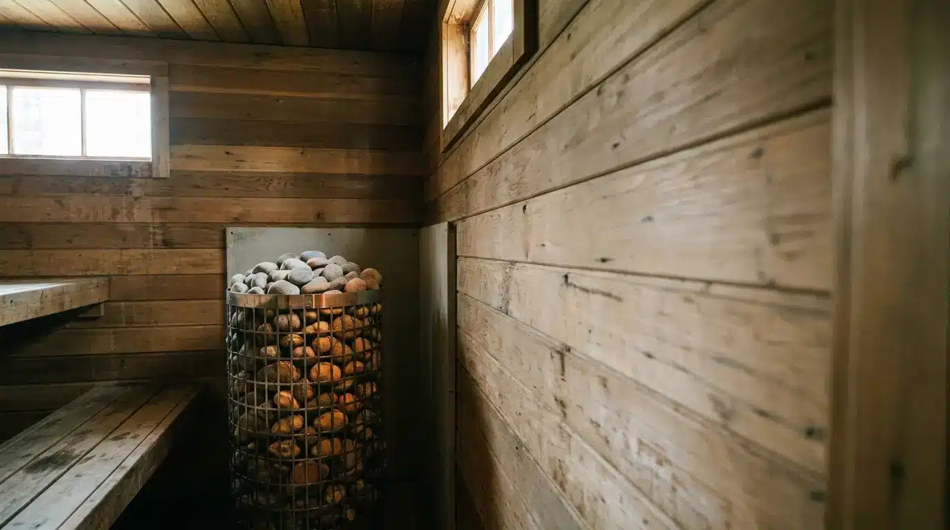 Rock-filled heater in a wooden sauna interior with bench seating and natural light
