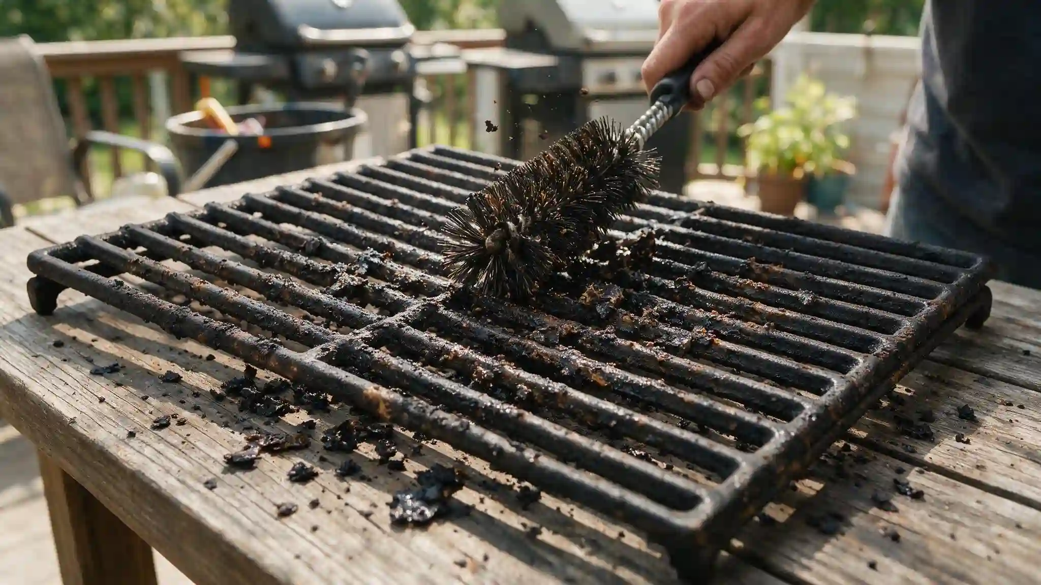 person scrubbing burned grease from cooled grill grates with a nylon brush using controlled pressure