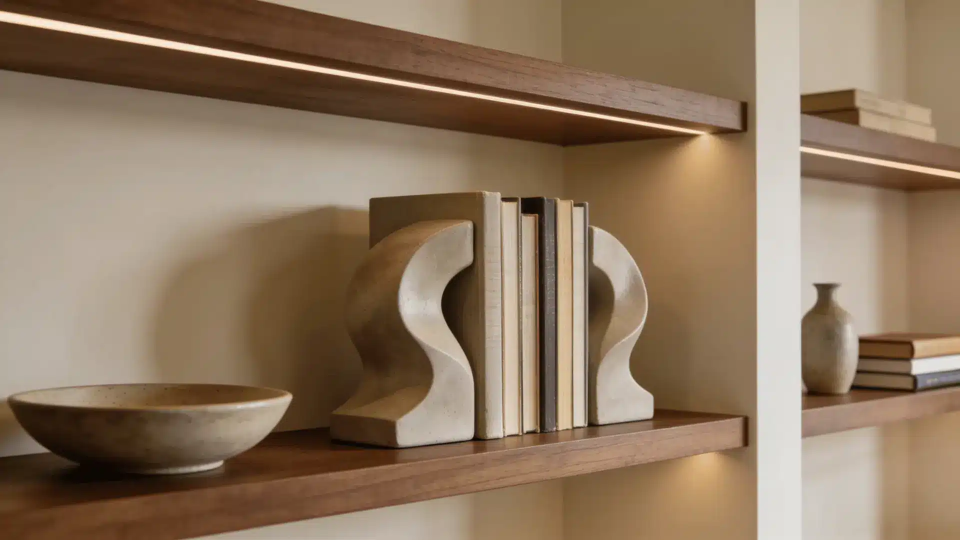 sculptural bookends holding books on a warm styled bookshelf