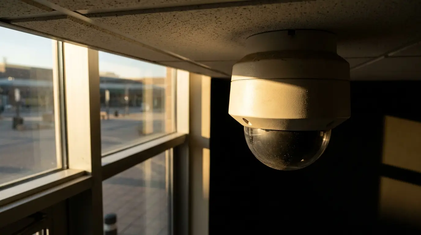 Security camera mounted on indoor ceiling near large windows with natural sunlight streaming in