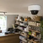 Ceiling-mounted security camera in a retail store with shelves of products and clothes hanging nearby