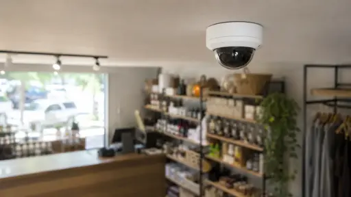 Ceiling-mounted security camera in a retail store with shelves of products and clothes hanging nearby