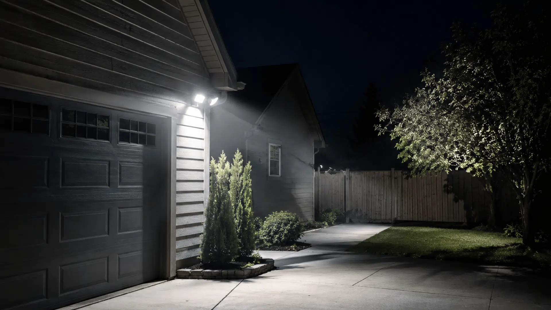 adjustable security floodlights safely covering a driveway garage and side yard after dark