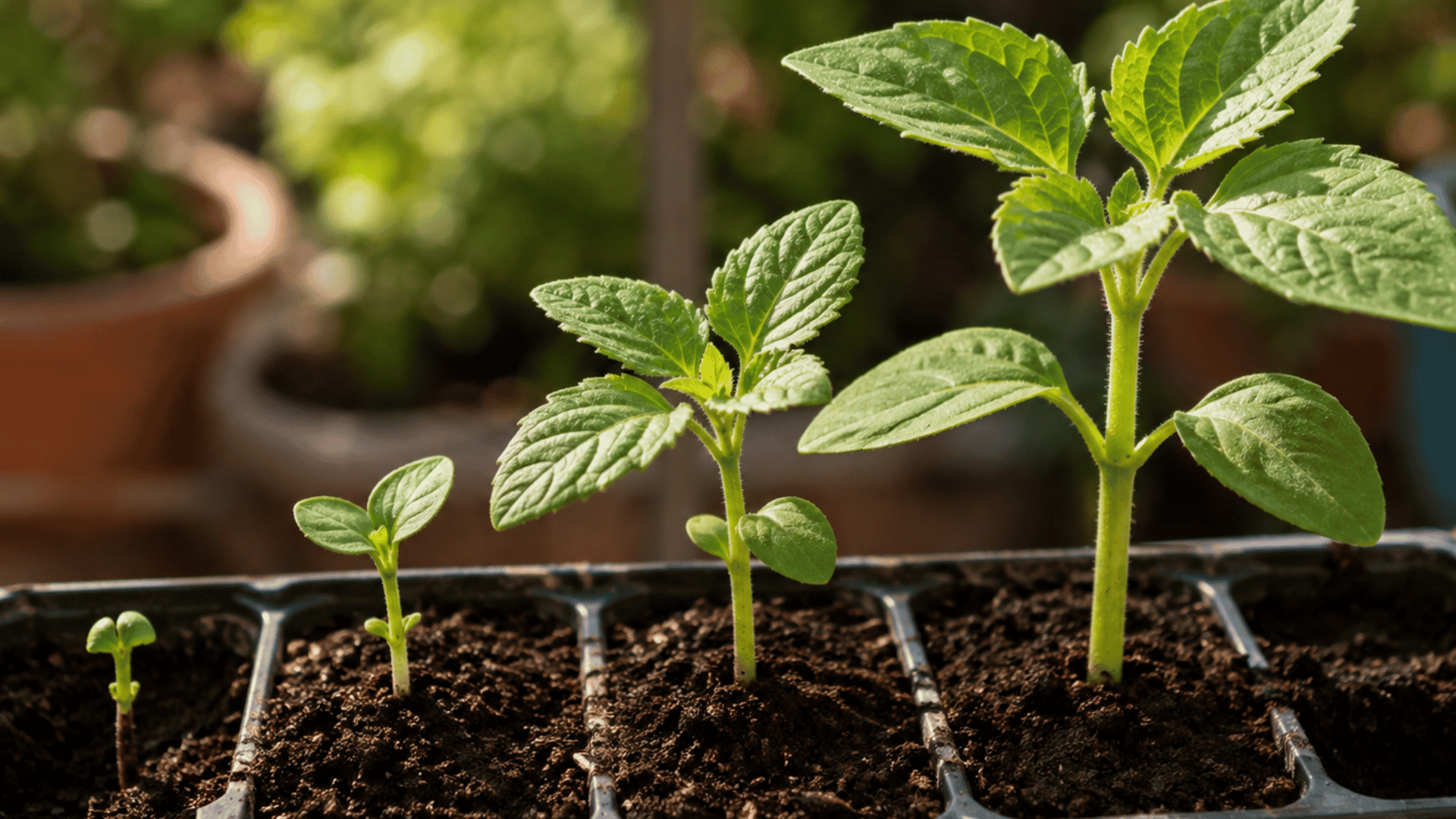four seedlings growing from tiny sprouts into leafy young plants in pots under warm sunlight