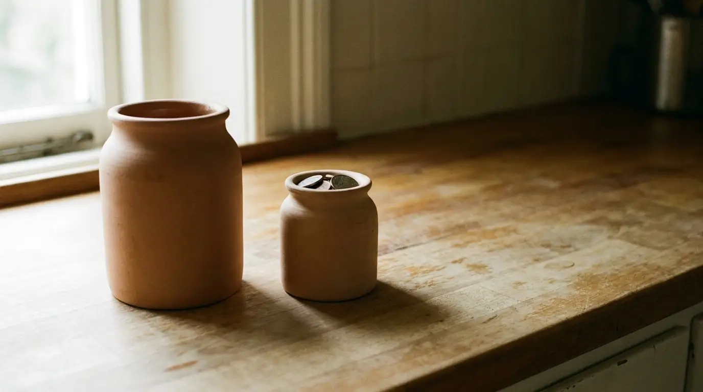 Two terracotta jars on a wooden countertop in natural light