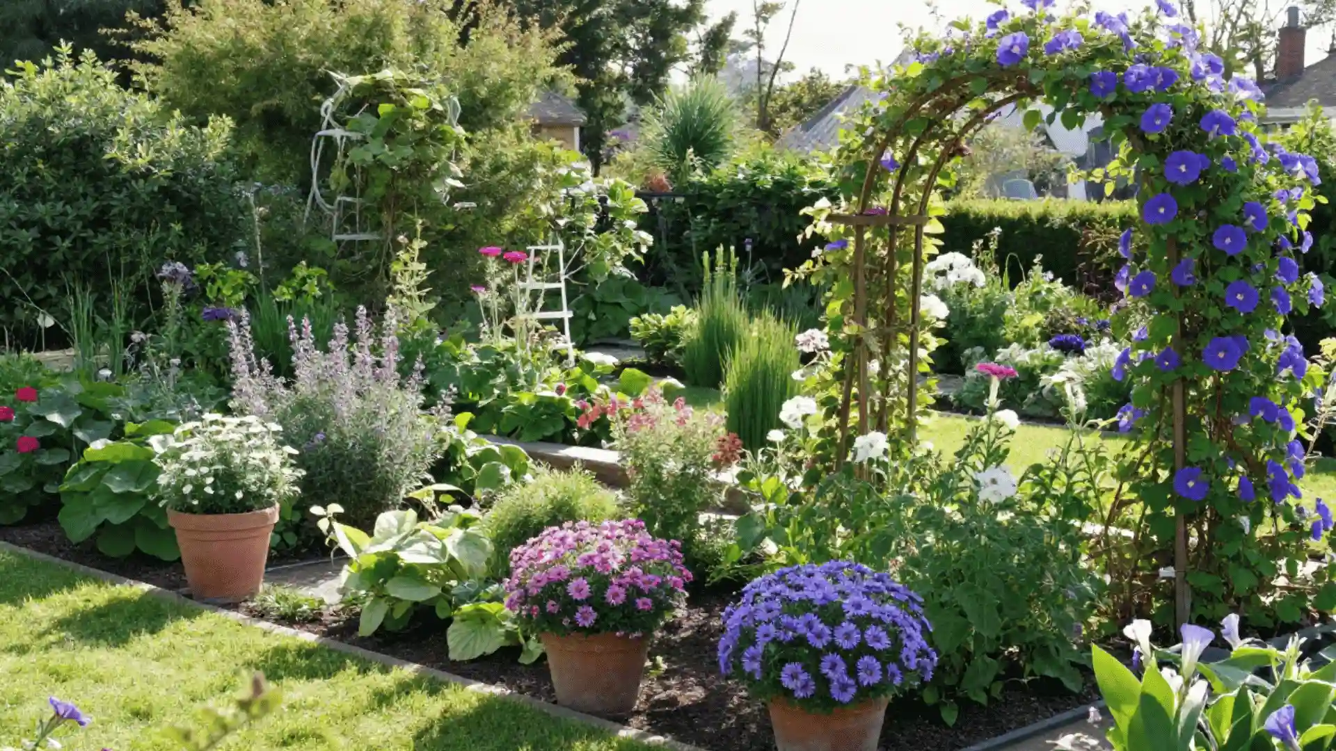 sunny garden with purple asters in pots and blue morning glories climbing a flower covered arch