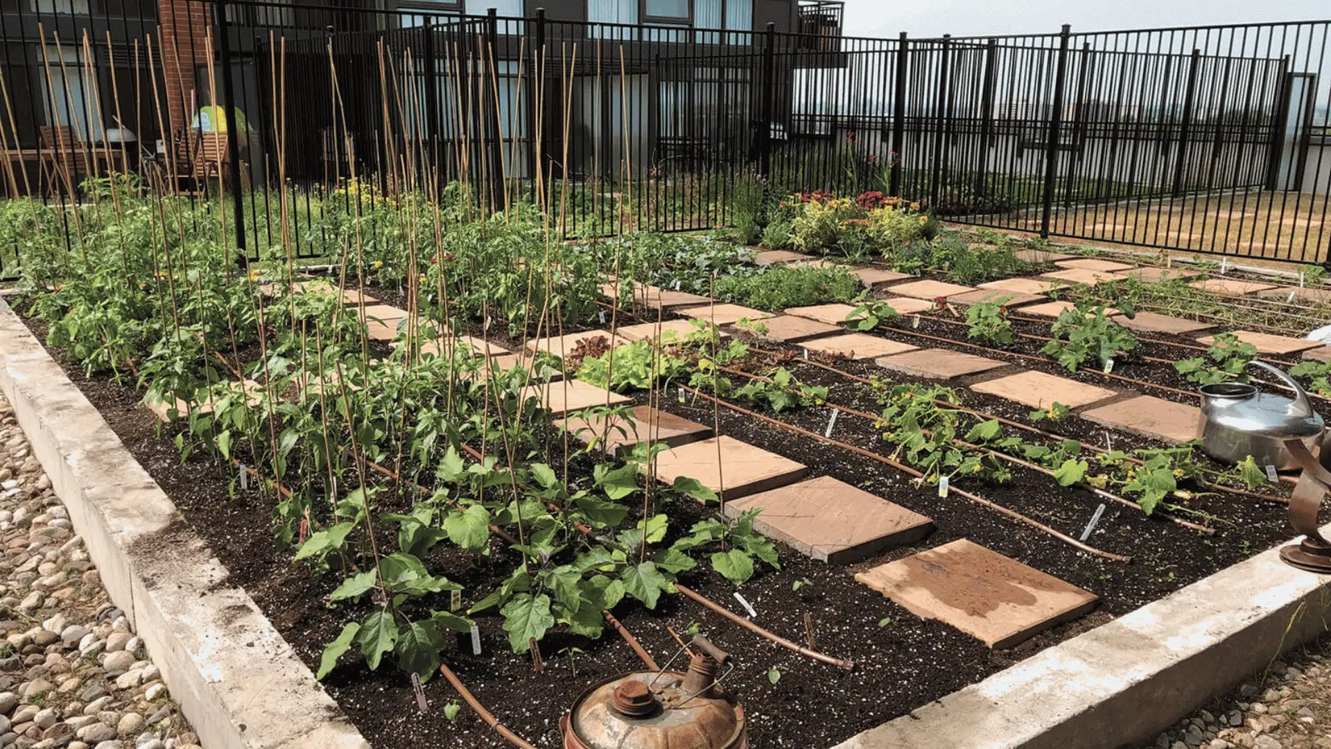 organized vegetable garden with staked plants stone paths dark soil and metal fencing rows