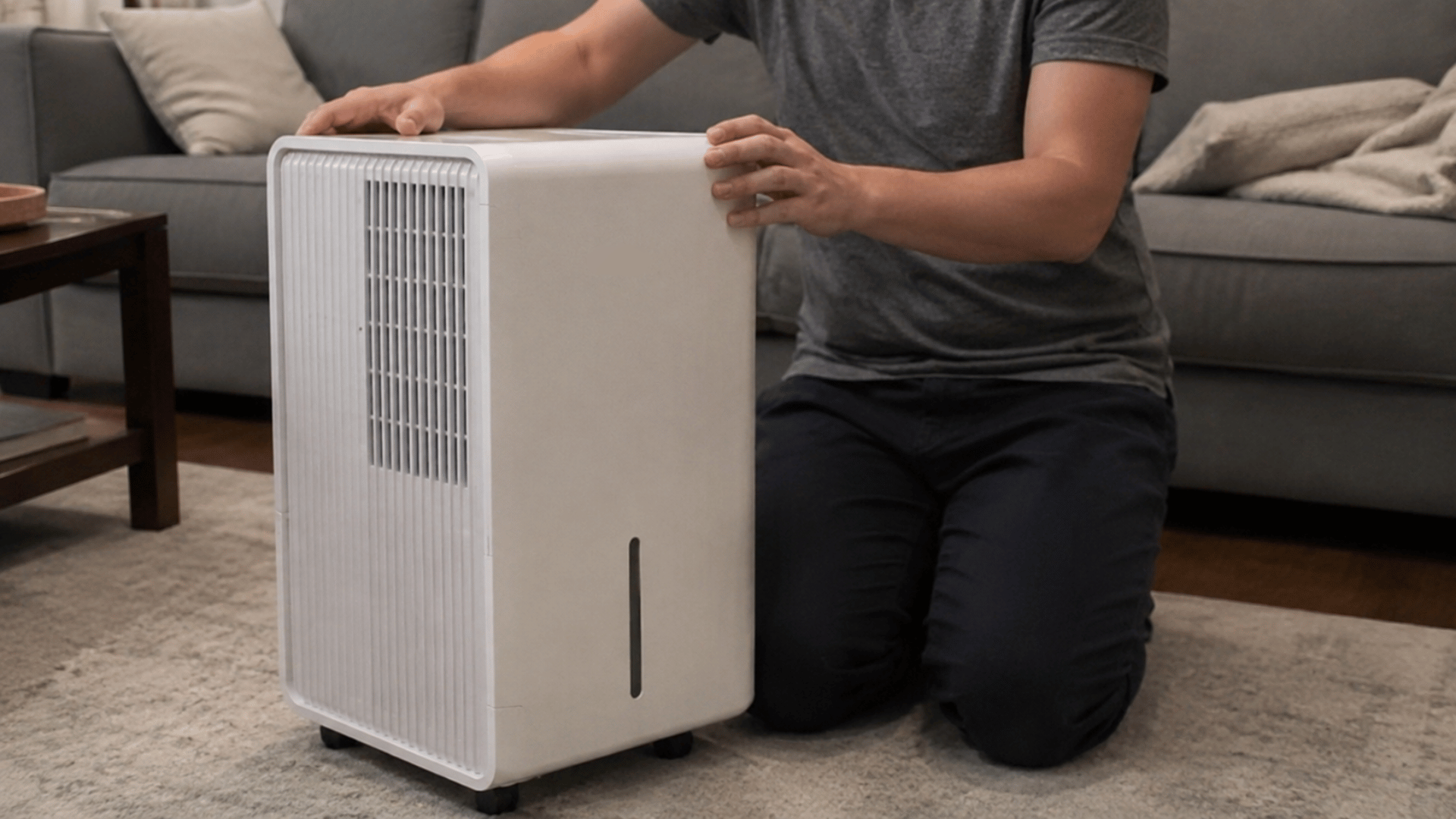 person setting up a portable dehumidifier in a living room to reduce humidity and improve comfort
