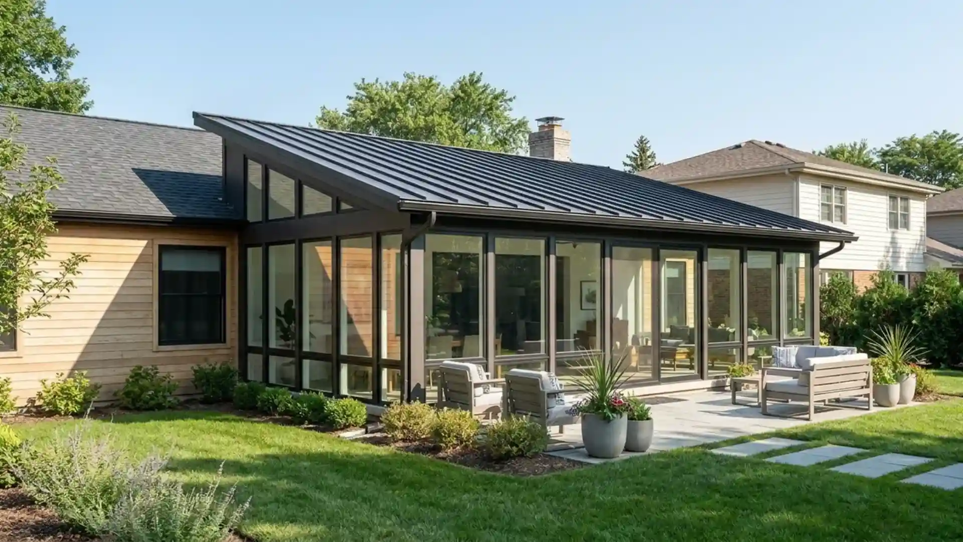 modern sunroom featuring a simple single-sloped shed roof attached to a home in bright daylight