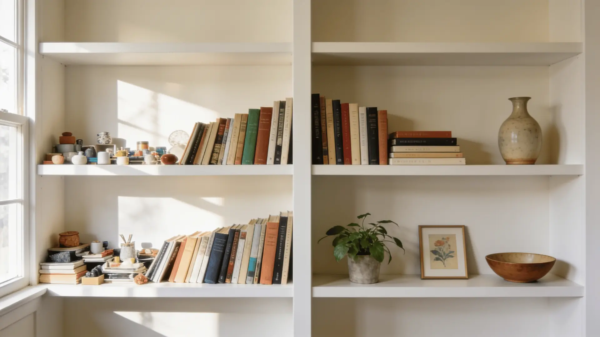 balanced shelf decor beside cluttered shelf styling mistakes