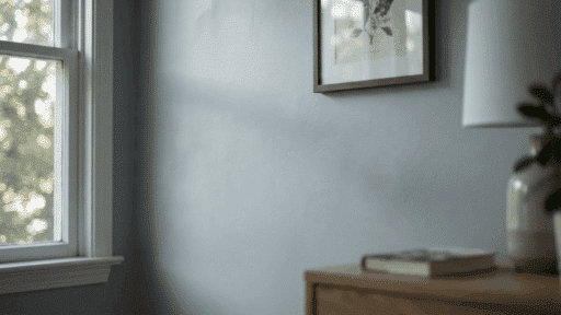 sherwin williams ice cube paint color on bedroom wall showing soft gray blue tone