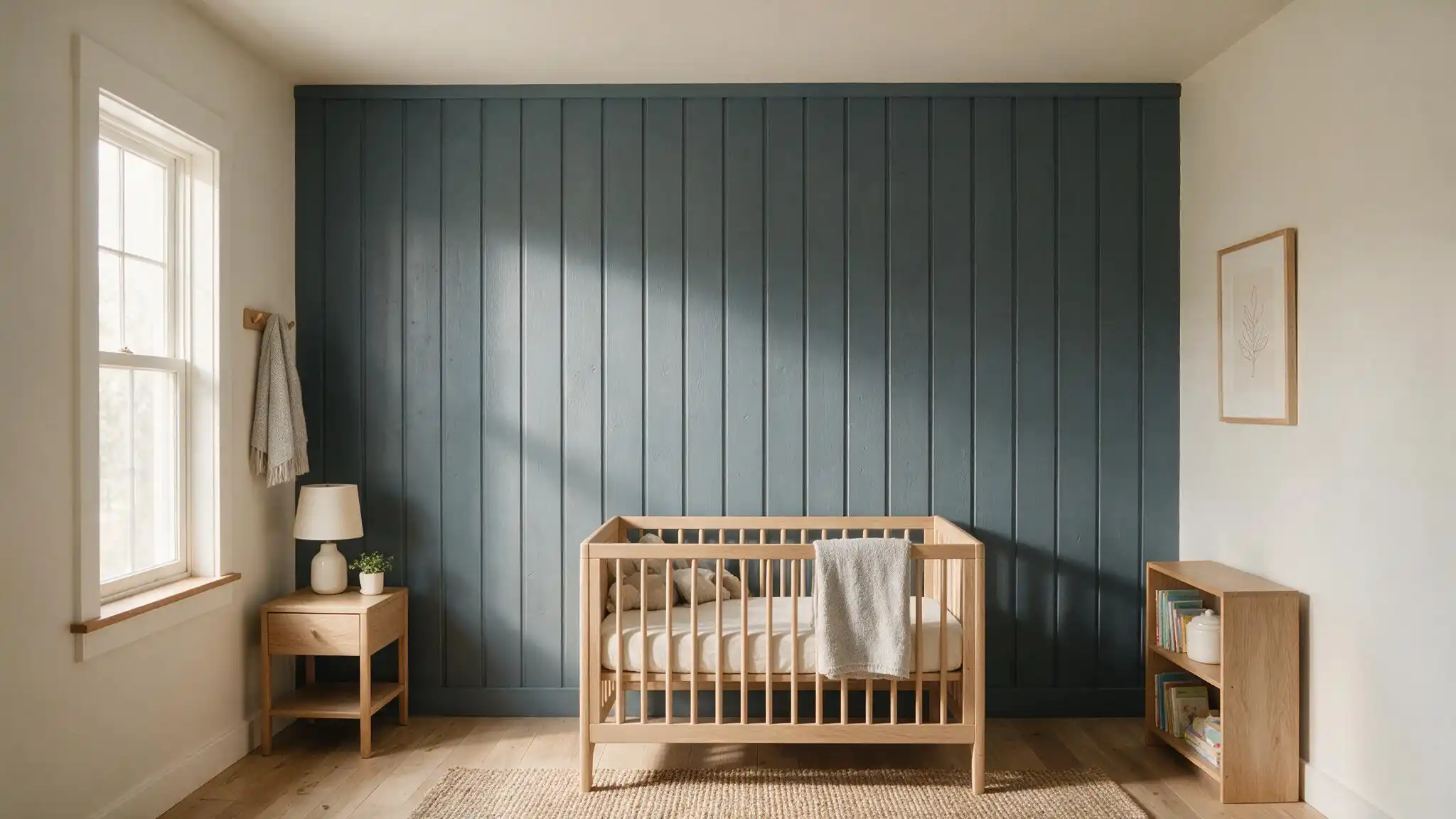 vertical slate blue gray shiplap wall behind a crib with soft shadows highlighting the textured grooves