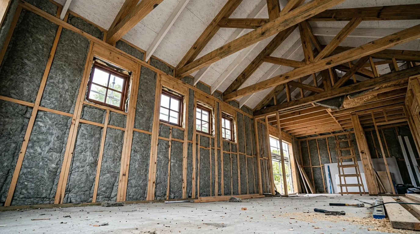 partially renovated interior with exposed wooden framing, insulated walls, roof, and windows, along with construction tools