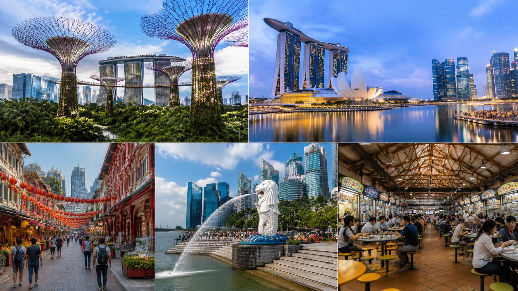 singapore collage showing gardens by the bay, marina bay skyline, chinatown and hawker centers