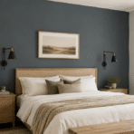 modern bedroom with a deep blue gray slate tile accent wall light wood furniture and neutral bedding