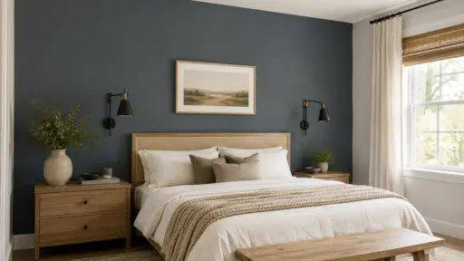 modern bedroom with a deep blue gray slate tile accent wall light wood furniture and neutral bedding