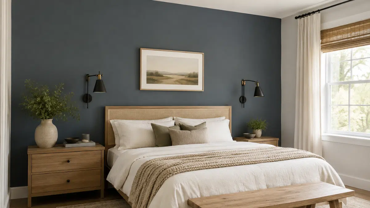 modern bedroom with a deep blue gray slate tile accent wall light wood furniture and neutral bedding