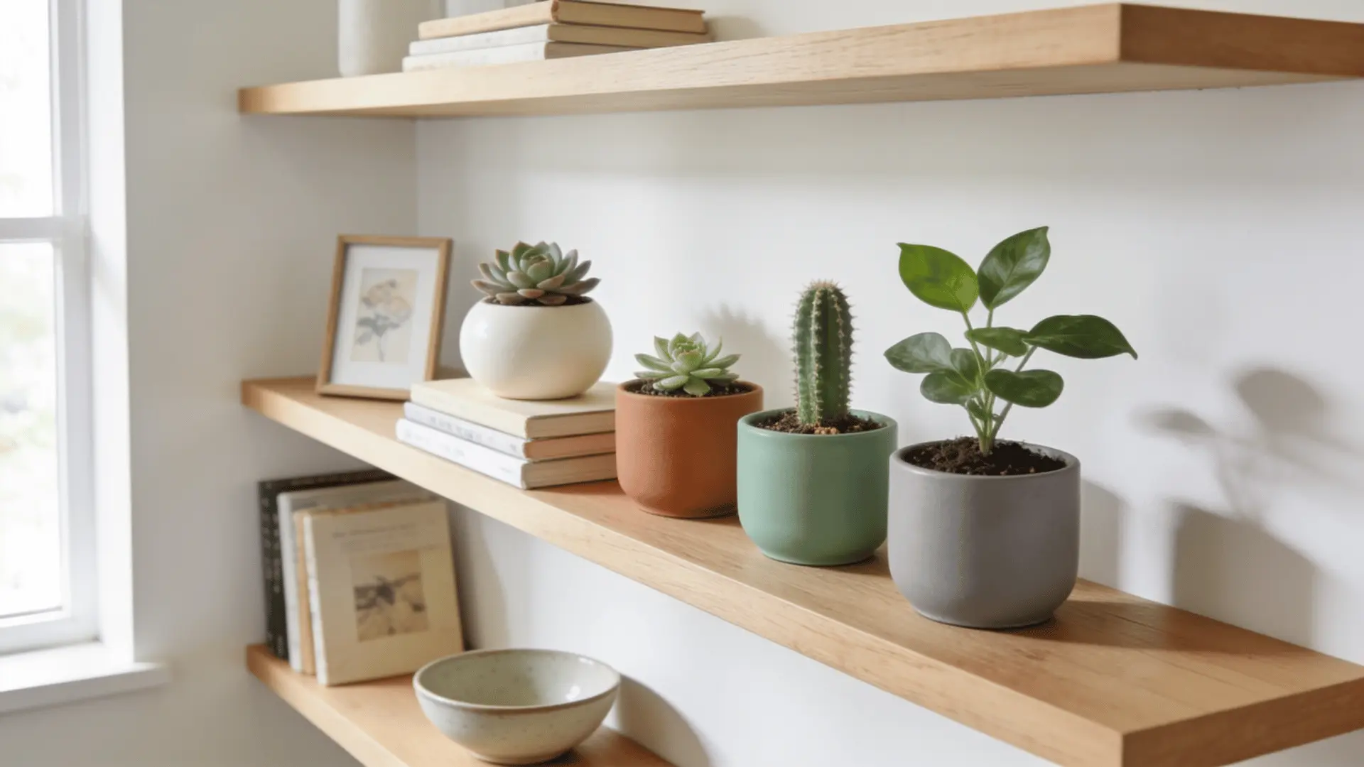 small potted plants and succulents styled on bright living room shelves