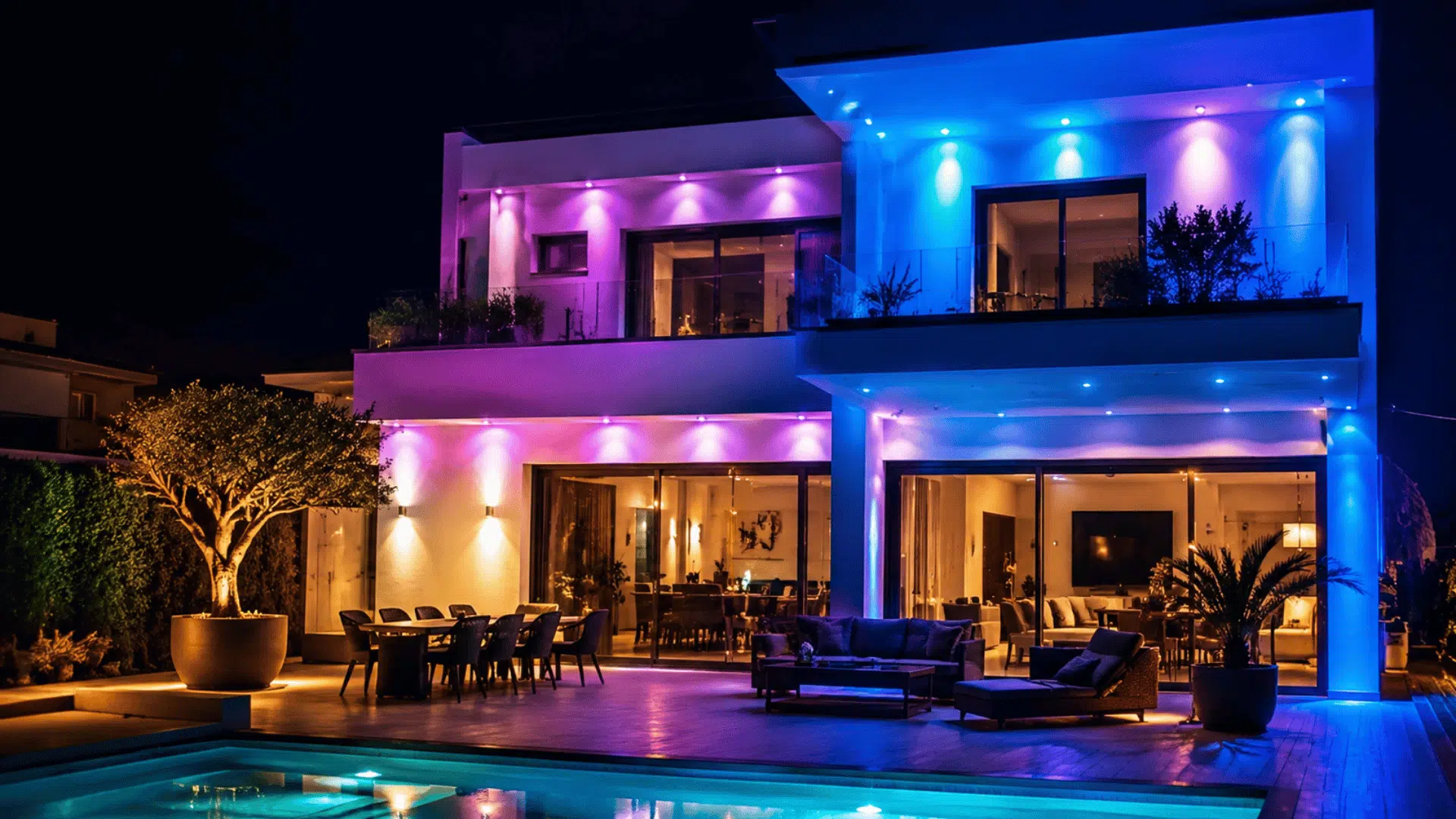 smart color changing lights adding adjustable hues across a cozy modern patio after sunset