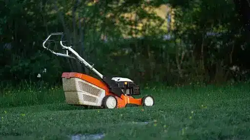 Orange and black lawnmower on grass in a lush garden setting