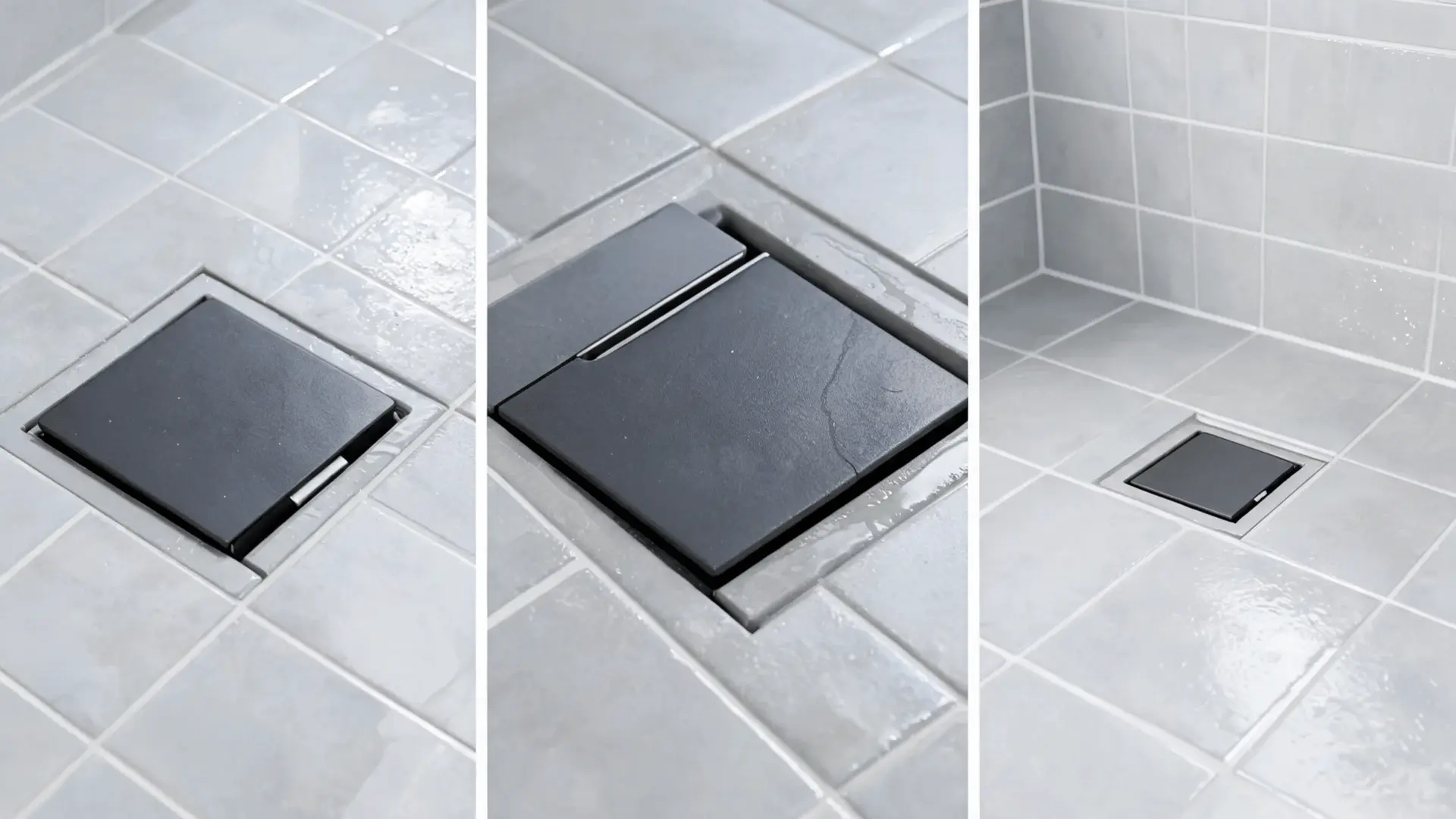 screwless shower drain cover with a small lifting slot on a clean tiled floor