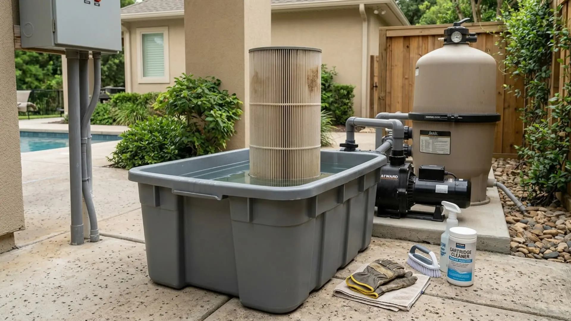 a cylindrical pool filter cartridge soaks upright in a large plastic tub beside cleaning tools and pool equipment